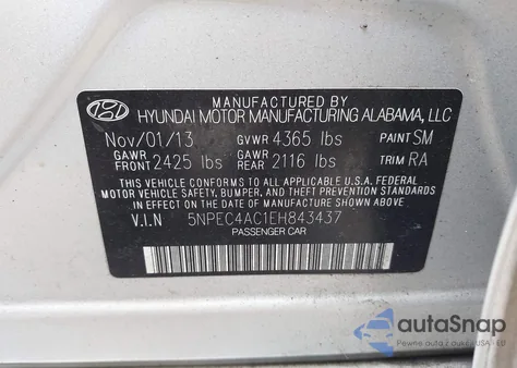 2014 Hyundai Sonata Se из США, поврежденный, VIN 5NPEC4AC1EH843437